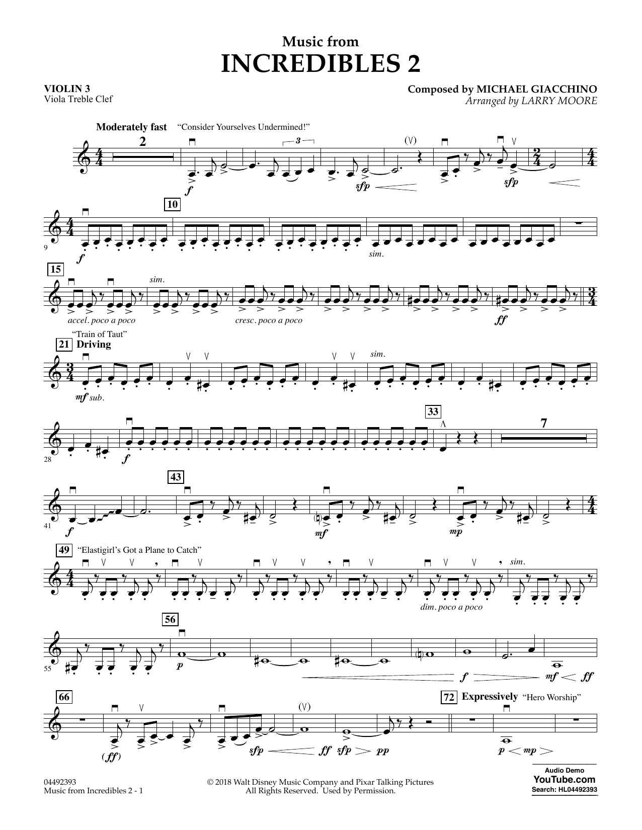 Download Michael Giacchino Music from Incredibles 2 (arr. Larry Moore) - Violin 3 (Viola Treble Clef) Sheet Music and learn how to play Orchestra PDF digital score in minutes