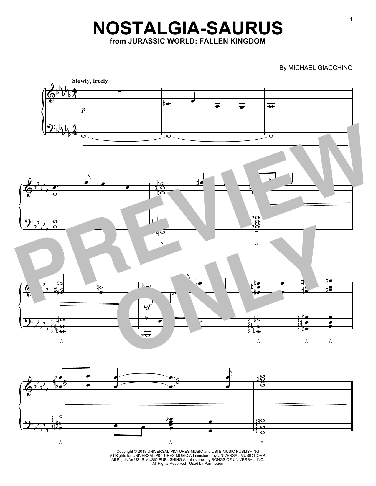 Download Michael Giacchino Nostalgia-Saurus (from Jurassic World: Fallen Kingdom) Sheet Music and learn how to play Piano Solo PDF digital score in minutes