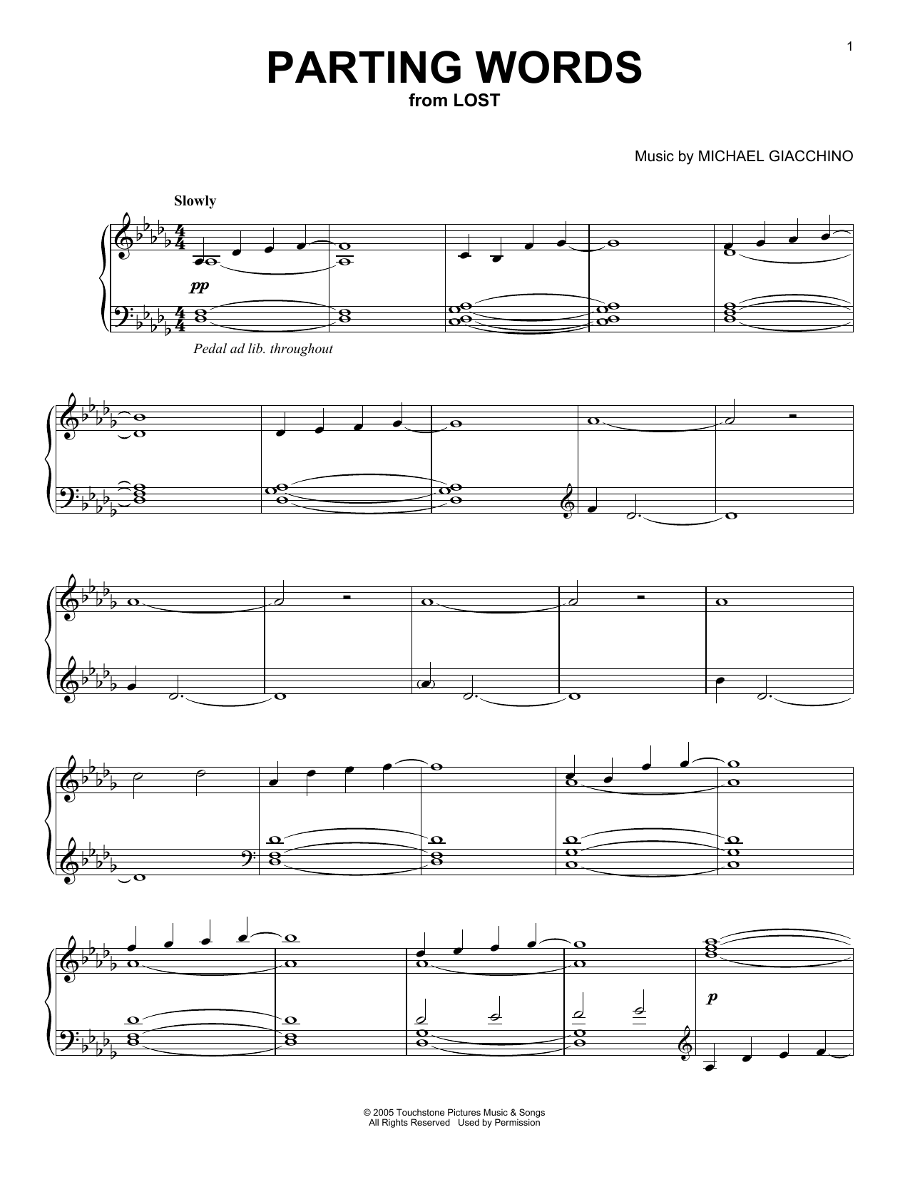 Download Michael Giacchino Parting Words (from Lost) Sheet Music and learn how to play Piano Solo PDF digital score in minutes