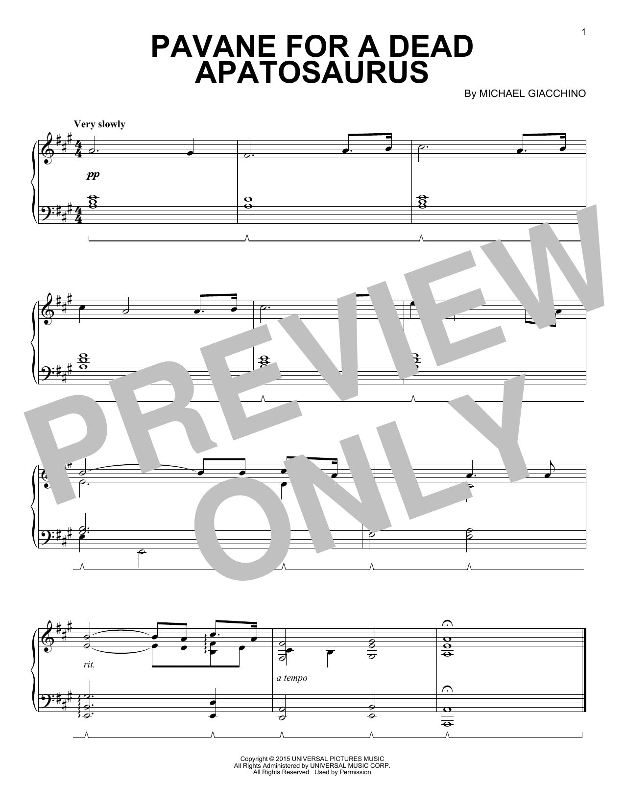 Download Michael Giacchino Pavane For A Dead Apatosaurus Sheet Music and learn how to play Piano PDF digital score in minutes