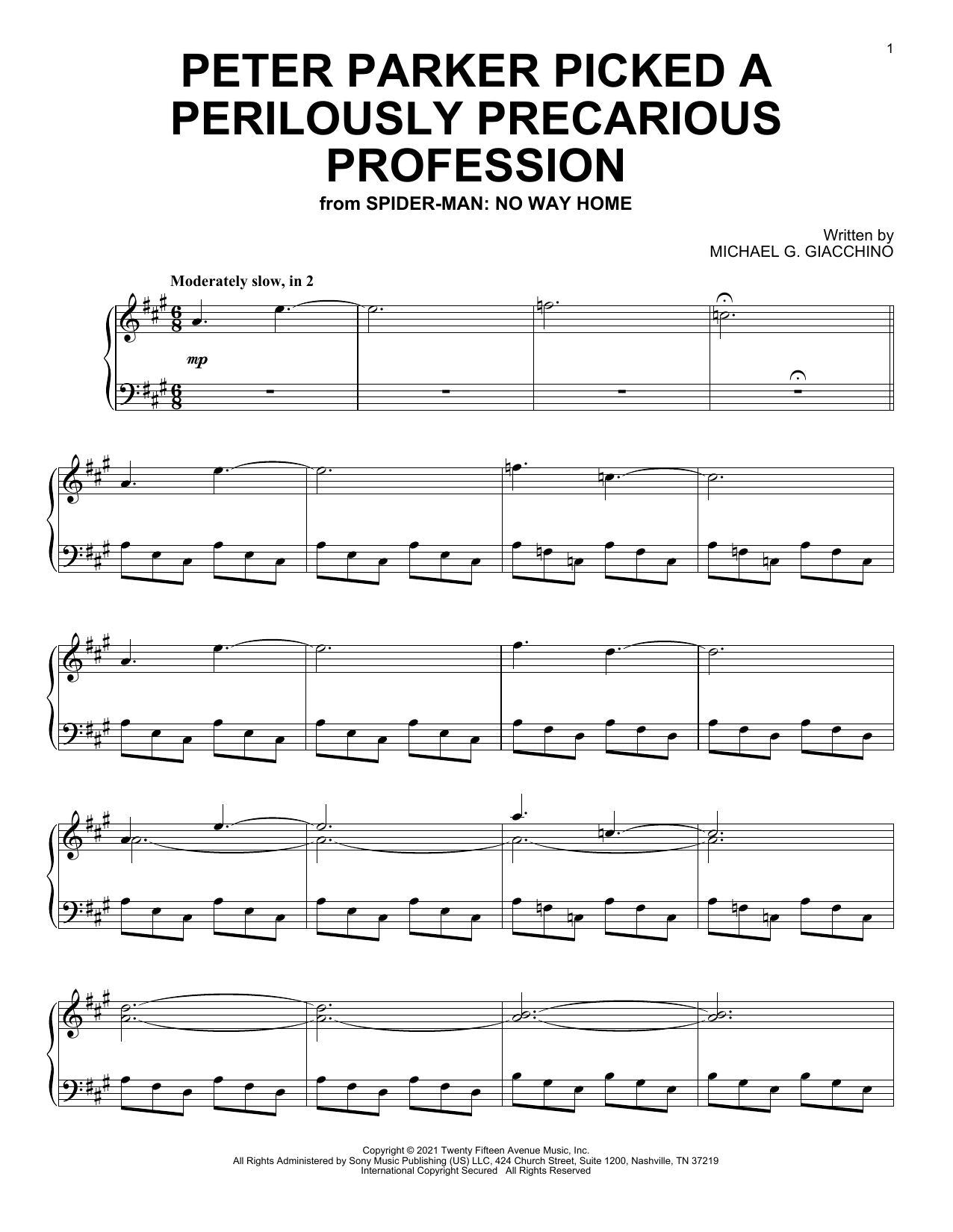 Download Michael Giacchino Peter Parker Picked A Perilously Precarious Profession (from Spider-Man: No Way Sheet Music and learn how to play Piano Solo PDF digital score in minutes