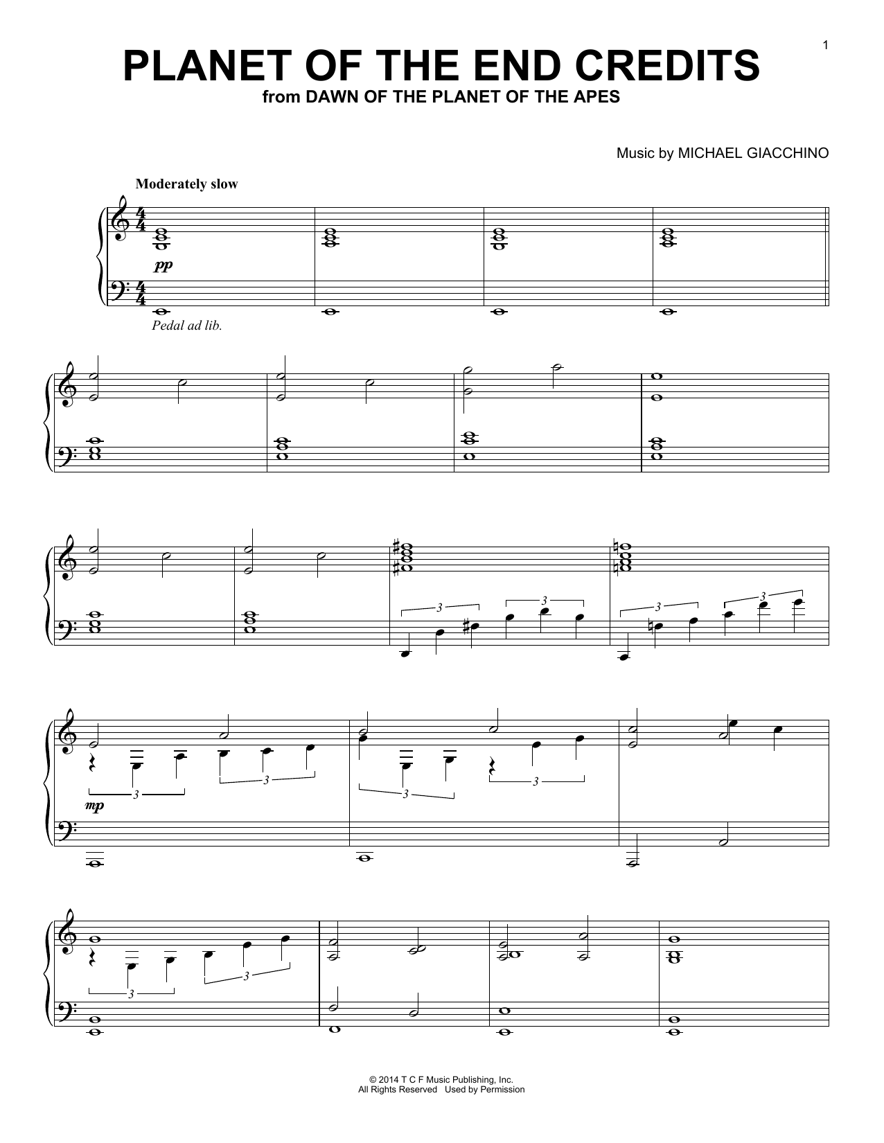 Download Michael Giacchino Planet Of The End Credits (from Dawn Of The Planet Of The Apes) Sheet Music and learn how to play Piano Solo PDF digital score in minutes