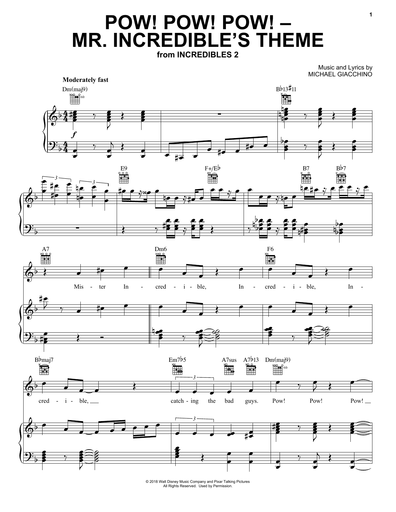 Download Michael Giacchino Pow! Pow! Pow! - Mr. Incredibles Theme (from Incredibles 2) Sheet Music and learn how to play Big Note Piano PDF digital score in minutes