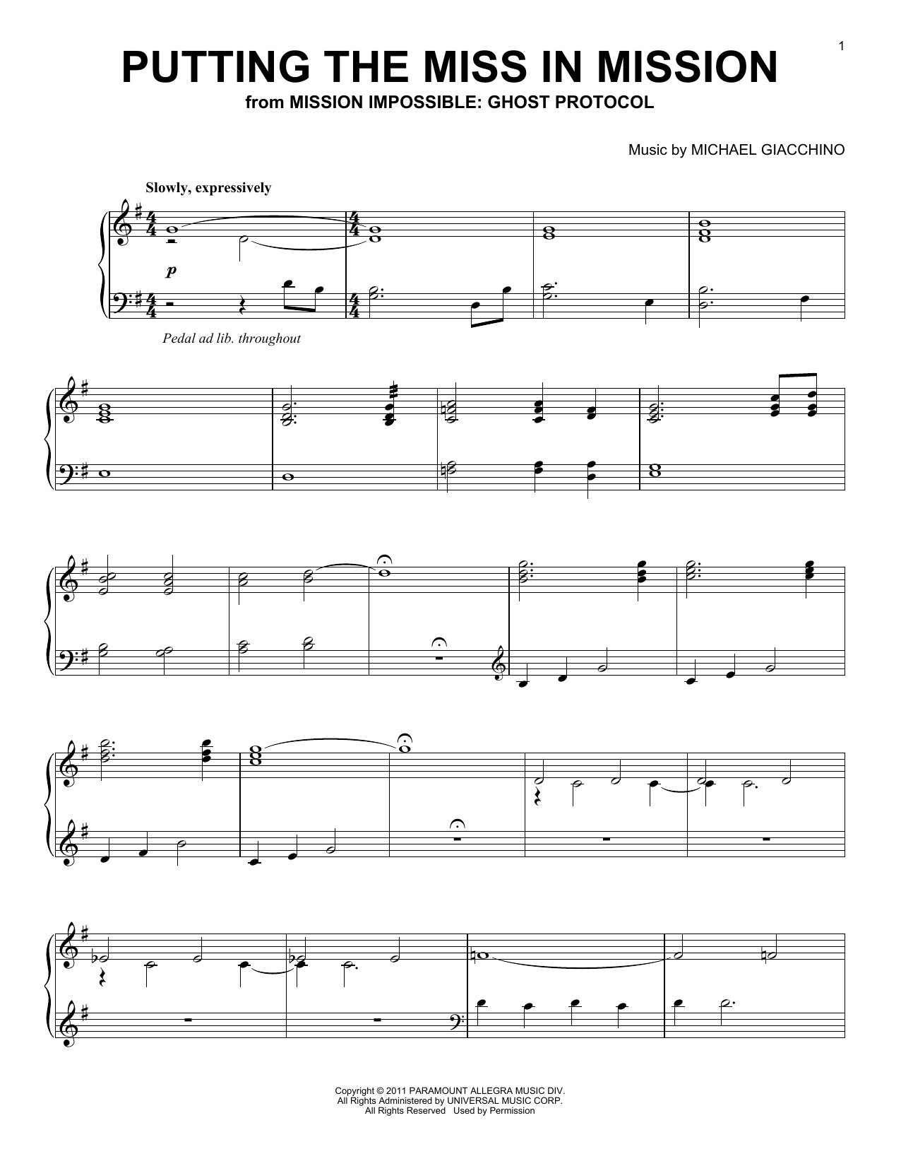 Download Michael Giacchino Putting The Miss In Mission (from Mission: Impossible - Ghost Protocol) Sheet Music and learn how to play Piano Solo PDF digital score in minutes