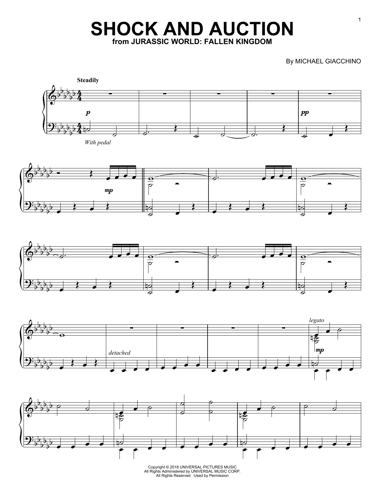 Download Michael Giacchino Shock And Auction (from Jurassic World: Fallen Kingdom) Sheet Music and learn how to play Piano Solo PDF digital score in minutes