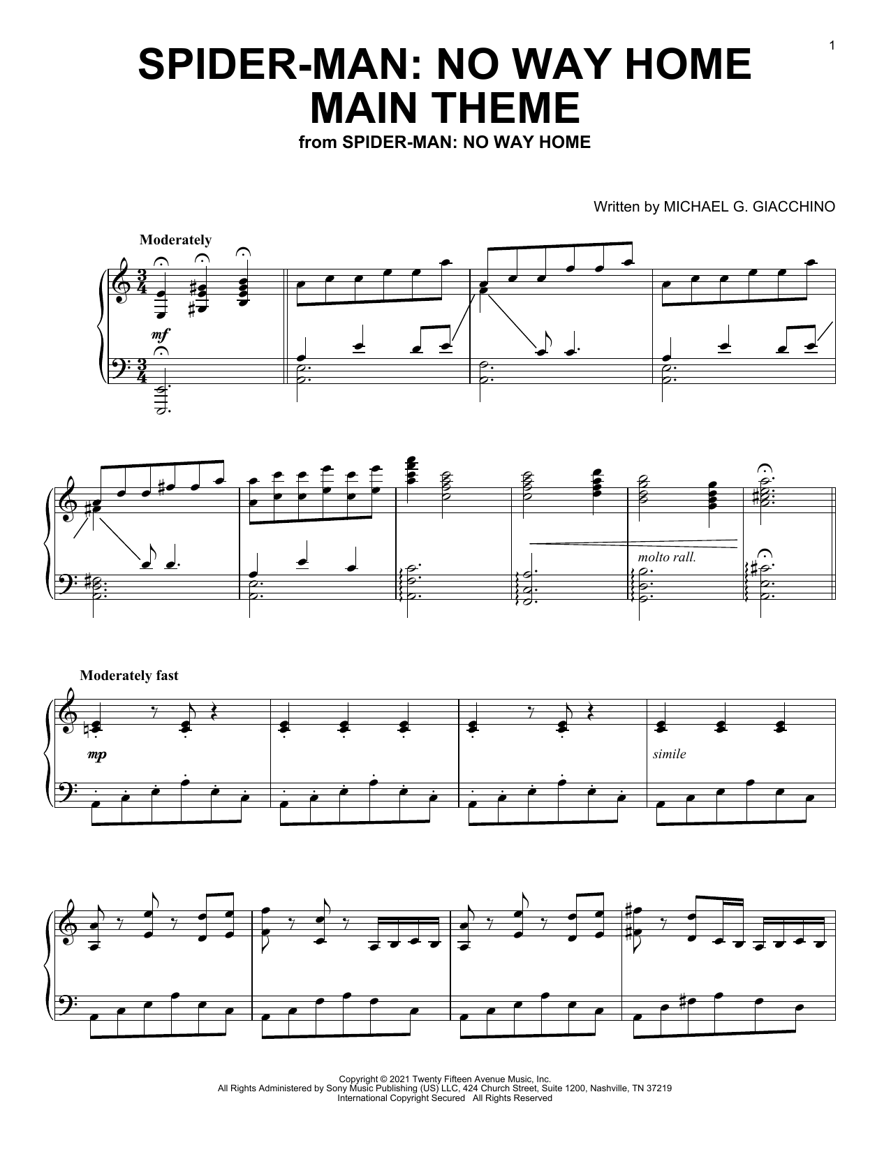 Download Michael Giacchino Spider-Man: No Way Home Main Theme (from Spider-Man: No Way Home) Sheet Music and learn how to play Piano Solo PDF digital score in minutes