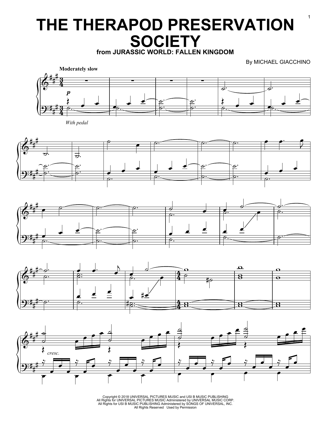 Download Michael Giacchino The Theropod Preservation Society (from Jurassic World: Fallen Kingdom) Sheet Music and learn how to play Piano Solo PDF digital score in minutes