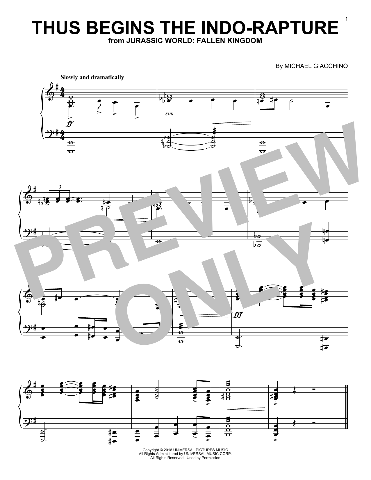 Download Michael Giacchino Thus Begins The Indo-Rapture (from Jurassic World: Fallen Kingdom) Sheet Music and learn how to play Piano Solo PDF digital score in minutes