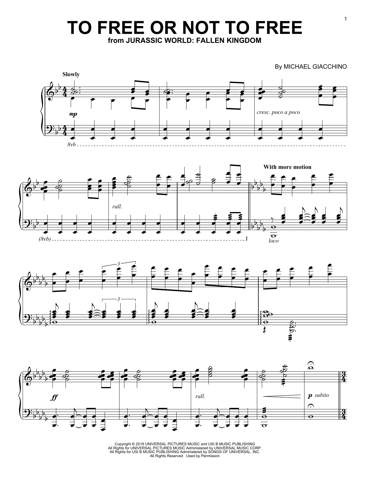 Download Michael Giacchino To Free Or Not To Free (from Jurassic World: Fallen Kingdom) Sheet Music and learn how to play Piano Solo PDF digital score in minutes