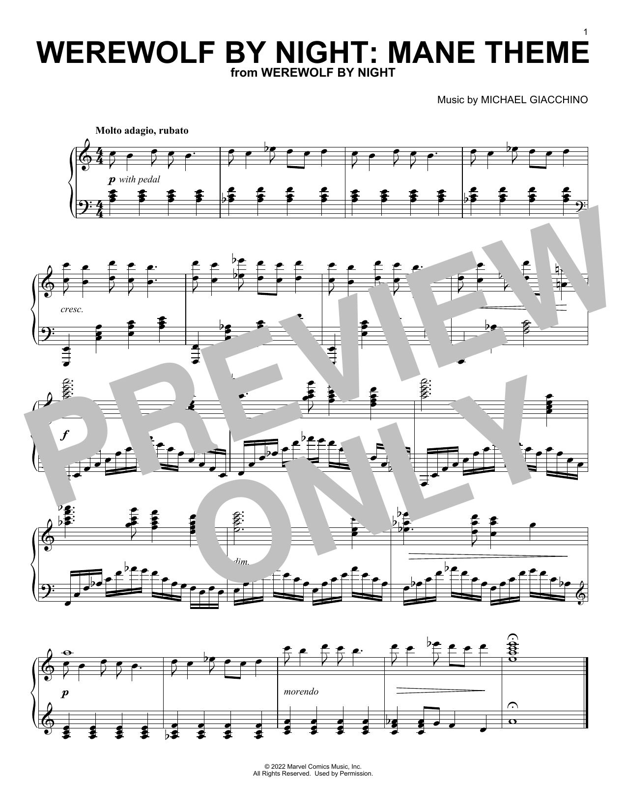 Download Michael Giacchino WEREWOLF BY NIGHT: MANE THEME Sheet Music and learn how to play Piano Solo PDF digital score in minutes