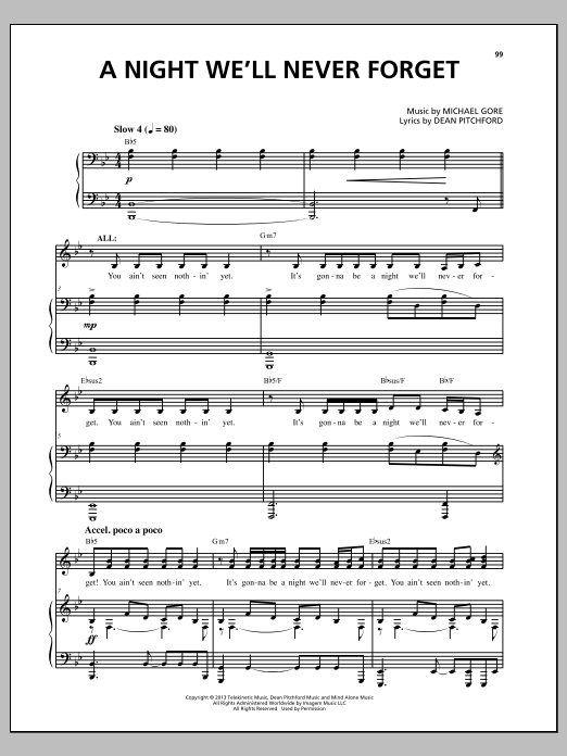 Download Michael Gore A Night We'll Never Forget Sheet Music and learn how to play Piano & Vocal PDF digital score in minutes
