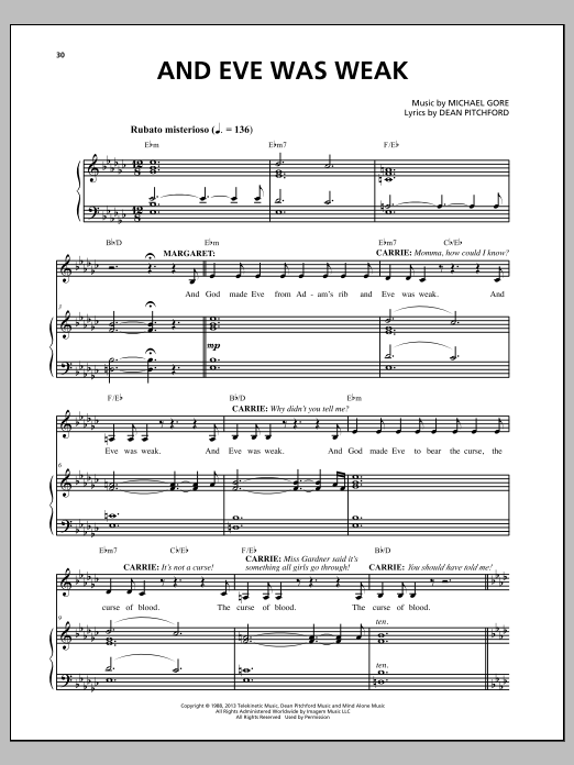 Download Michael Gore And Eve Was Weak Sheet Music and learn how to play Piano & Vocal PDF digital score in minutes
