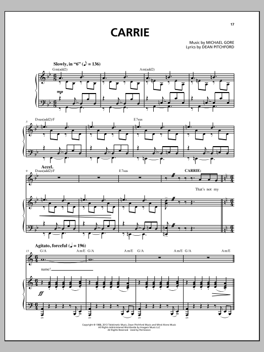 Download Michael Gore Carrie Sheet Music and learn how to play Piano & Vocal PDF digital score in minutes
