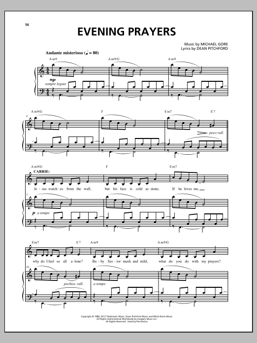 Download Michael Gore Evening Prayers Sheet Music and learn how to play Piano & Vocal PDF digital score in minutes