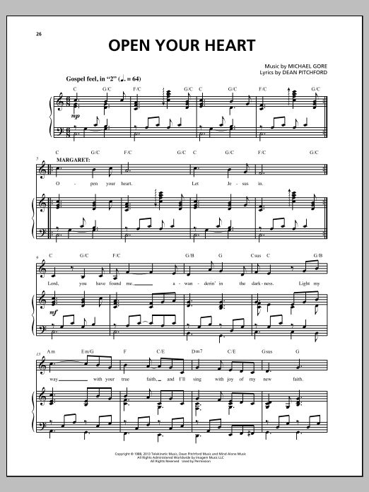 Download Michael Gore Open Your Heart Sheet Music and learn how to play Piano & Vocal PDF digital score in minutes