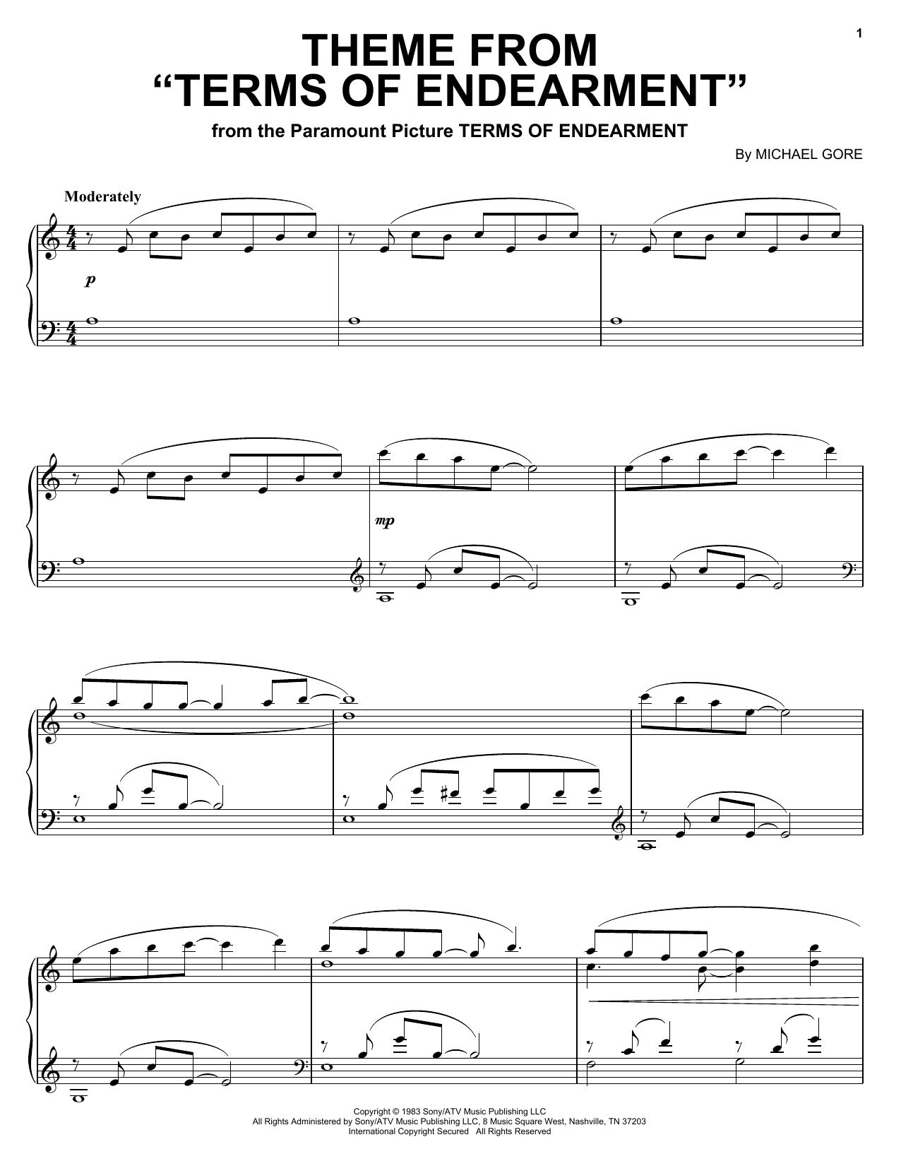 Download Michael Gore Theme from Terms Of Endearment Sheet Music and learn how to play Piano PDF digital score in minutes