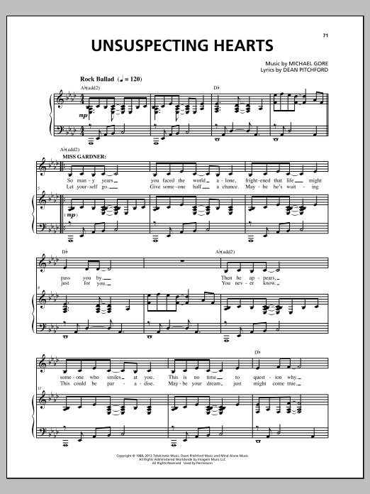 Download Michael Gore Unsuspecting Hearts Sheet Music and learn how to play Piano & Vocal PDF digital score in minutes