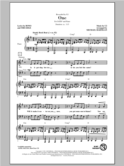 Download U2 One (arr. Michael Hartigan) Sheet Music and learn how to play SAB PDF digital score in minutes
