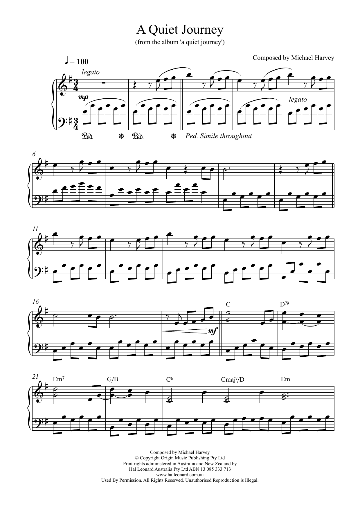 Download Michael Harvey A Quiet Journey Sheet Music and learn how to play Piano Solo PDF digital score in minutes
