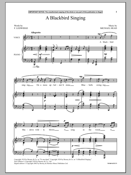 Download Michael Head A Blackbird Singing Sheet Music and learn how to play Piano & Vocal PDF digital score in minutes