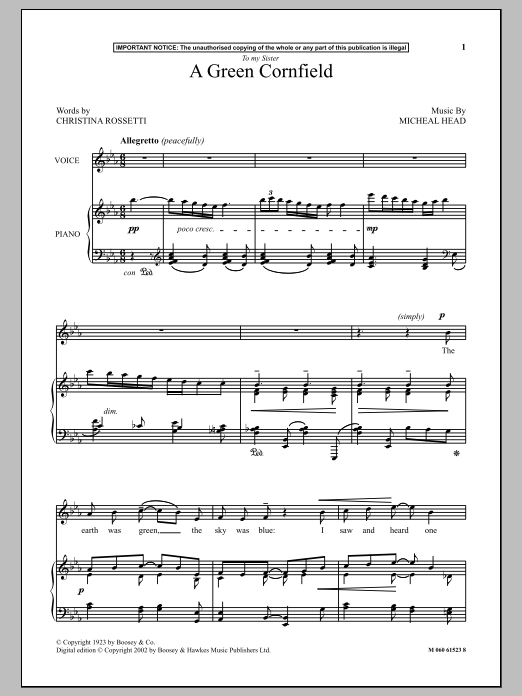 Download Michael Head A Green Cornfield Sheet Music and learn how to play Piano PDF digital score in minutes