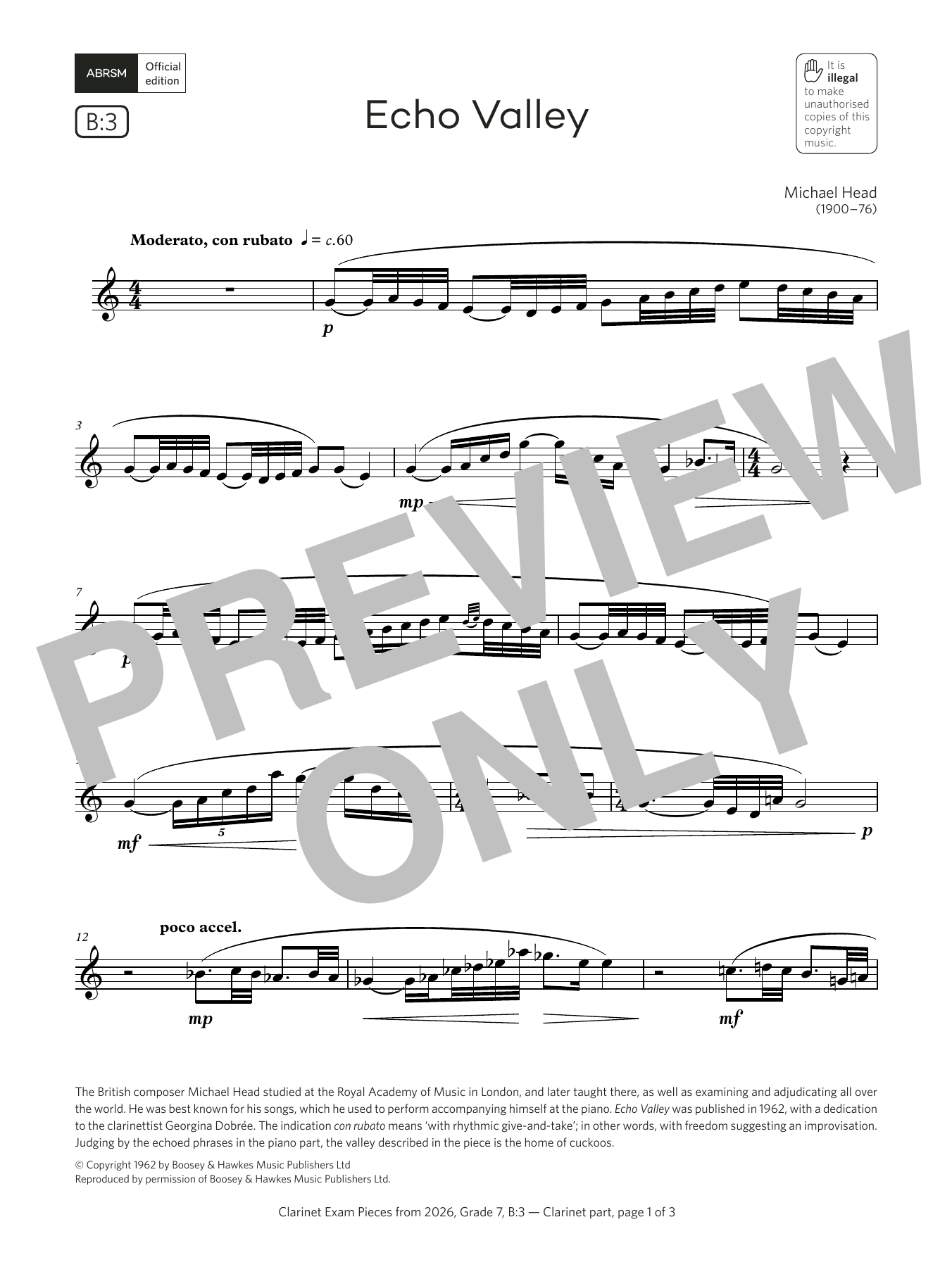 Download Michael Head Echo Valley (Grade 7, list B3, from the ABRSM Clarinet Syllabus from 2026) Sheet Music and learn how to play Clarinet Solo PDF digital score in minutes