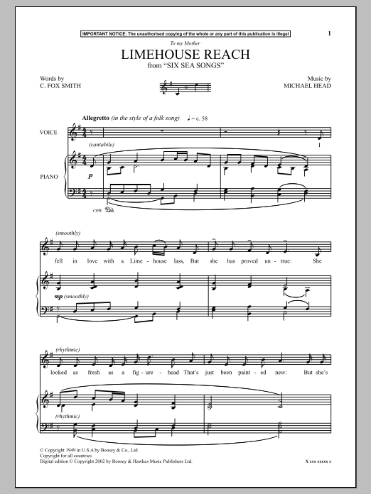 Download Michael Head Limehouse Reach (from Six Sea Songs) Sheet Music and learn how to play Piano PDF digital score in minutes