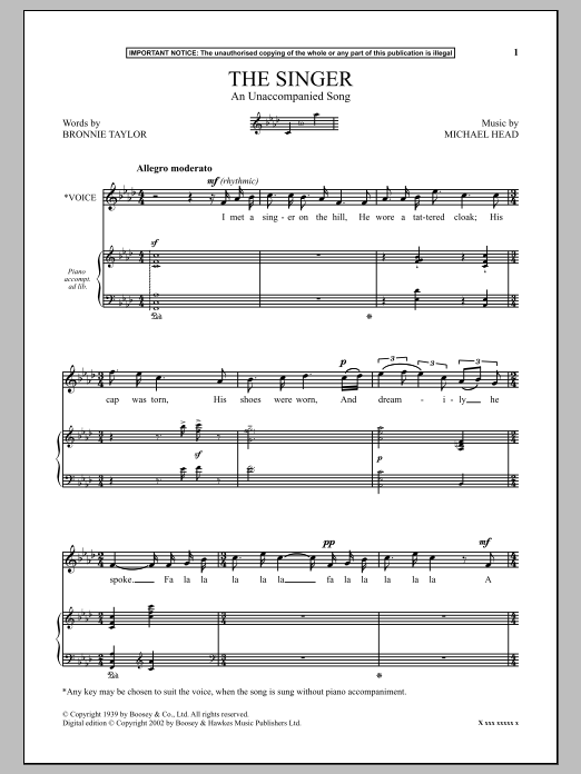Download Michael Head The Singer (An Unaccompanied Song) Sheet Music and learn how to play Piano PDF digital score in minutes