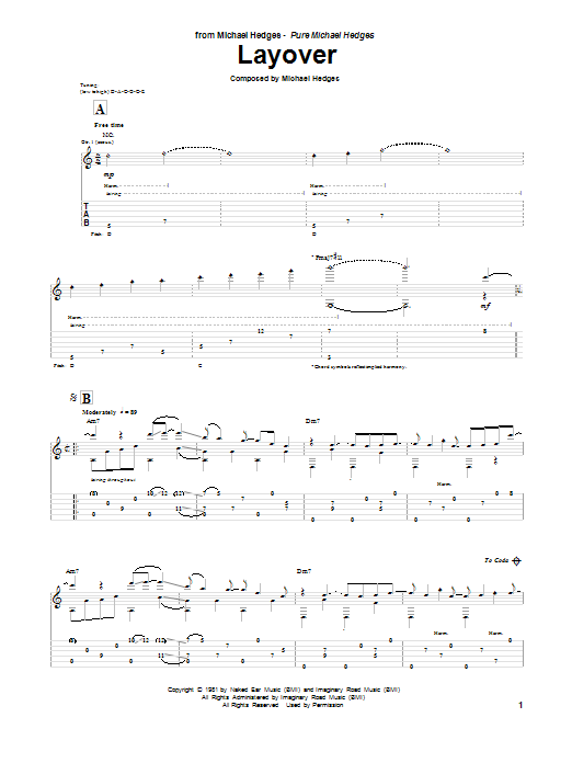 Download Michael Hedges Layover Sheet Music and learn how to play Guitar Tab PDF digital score in minutes