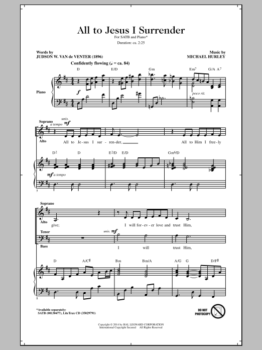 Download Michael Hurley All To Jesus I Surrender Sheet Music and learn how to play SATB PDF digital score in minutes