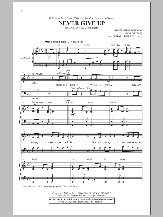 Download Michael Hurley Never Give Up Sheet Music and learn how to play SATB Choir PDF digital score in minutes