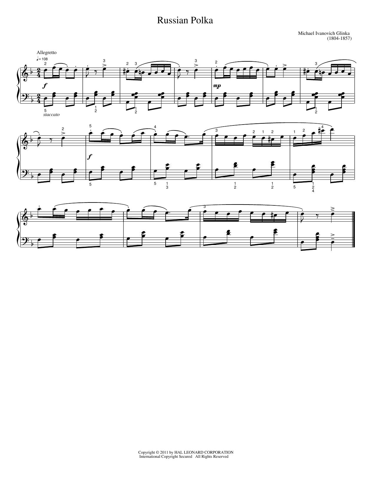 Download Michael I. Glinka Russian Polka Sheet Music and learn how to play Easy Piano PDF digital score in minutes