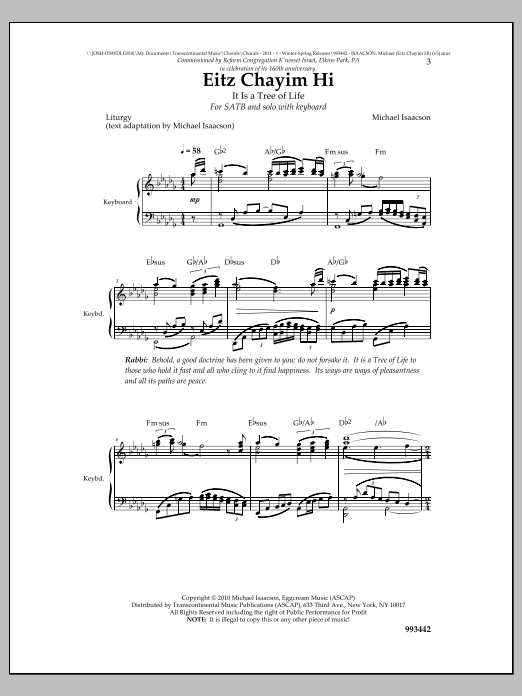 Download Michael Isaacson Eitz Chayim Hi Sheet Music and learn how to play SATB Choir PDF digital score in minutes