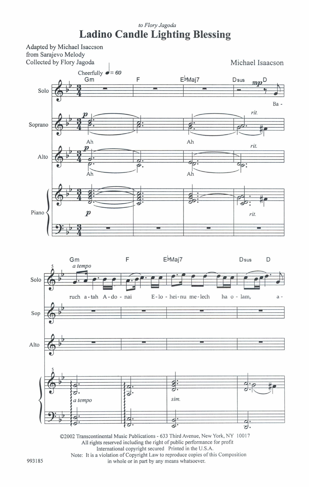 Download Michael Isaacson Ladino Candle Blessing Sheet Music and learn how to play Choir PDF digital score in minutes
