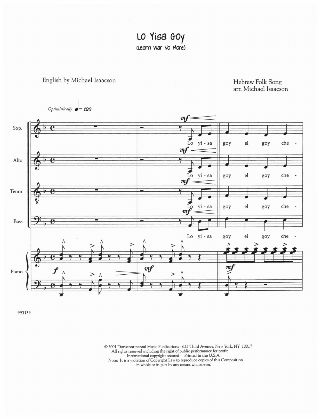 Download Michael Isaacson Lo Yisa Goy (Learn War No More) Sheet Music and learn how to play SATB Choir PDF digital score in minutes