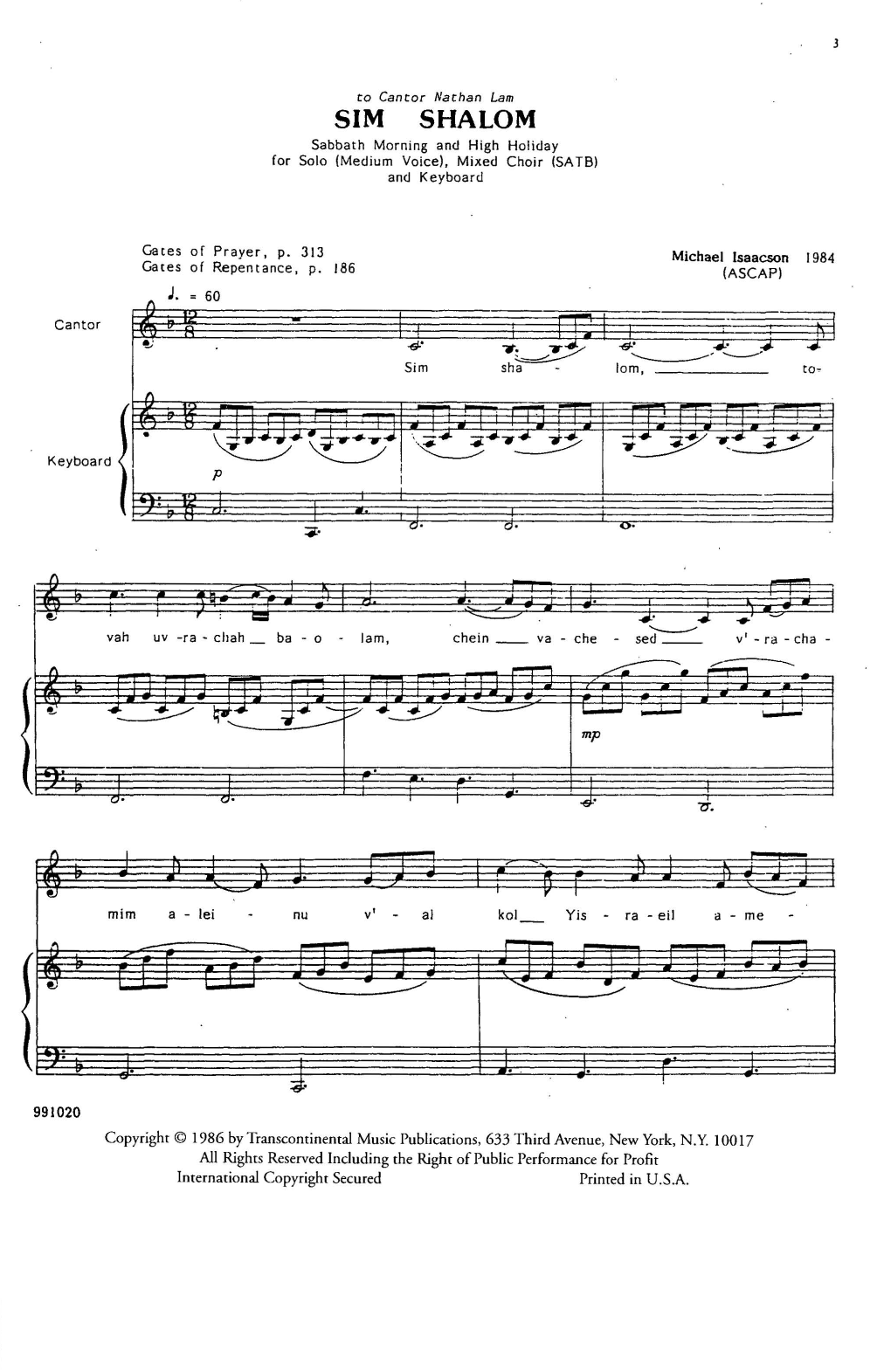Download Michael Isaacson Sim Shalom (Grant Us Peace) Sheet Music and learn how to play SATB Choir PDF digital score in minutes
