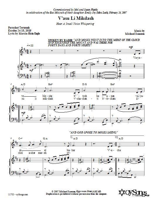 Download Michael Isaacson V'asu Li Mikdash (Hear a Small Voice Whispering) Sheet Music and learn how to play Piano, Vocal & Guitar (Right-Hand Melody) PDF digital score in minutes