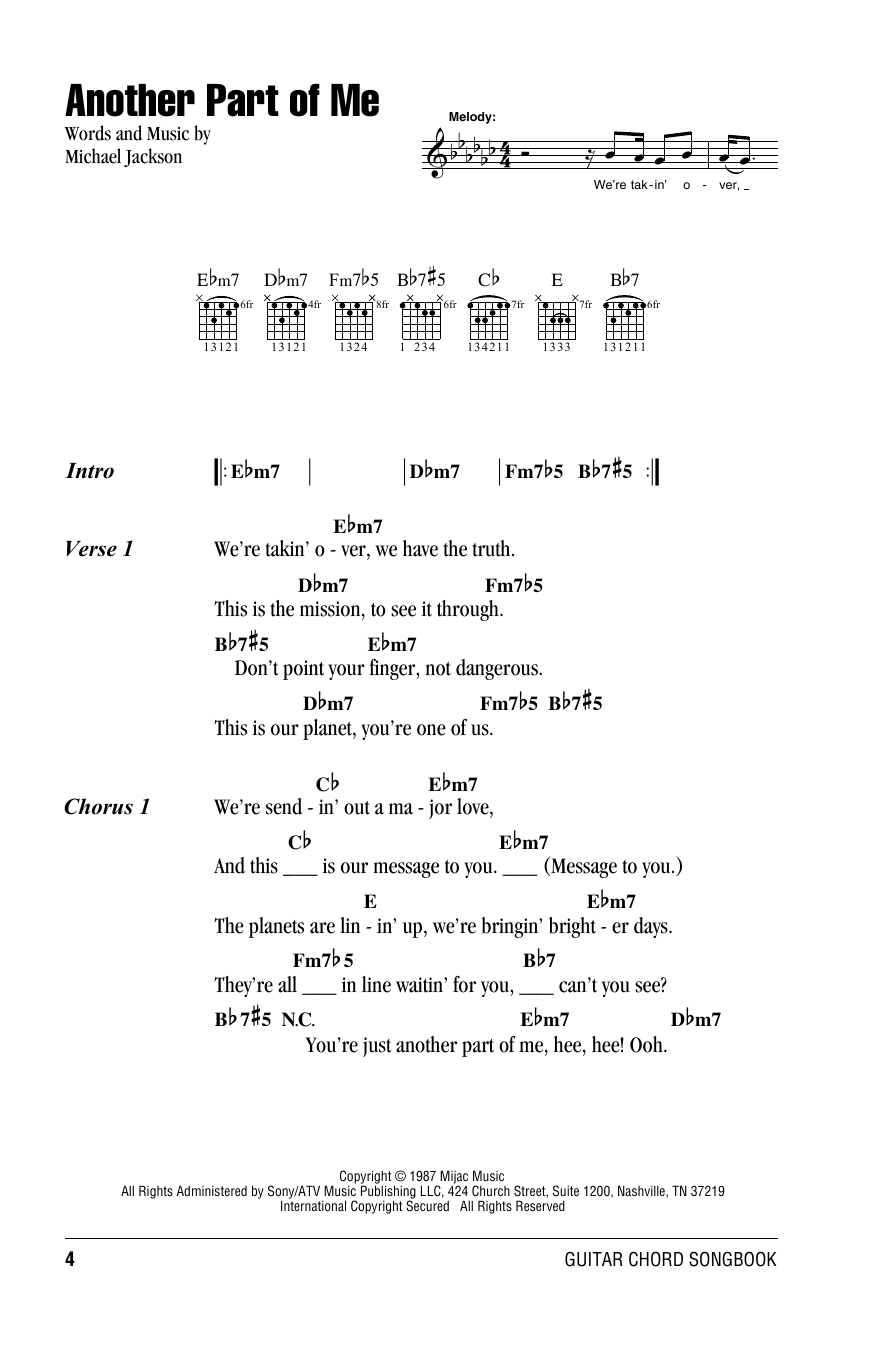 Download Michael Jackson Another Part Of Me Sheet Music and learn how to play Lyrics & Chords PDF digital score in minutes