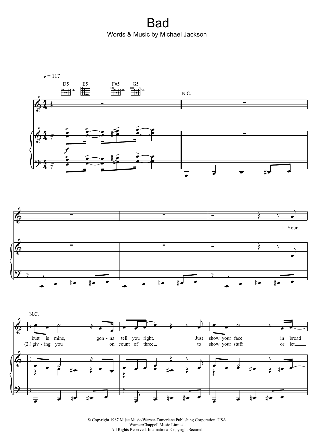 Download Michael Jackson Bad Sheet Music and learn how to play Lyrics & Chords PDF digital score in minutes