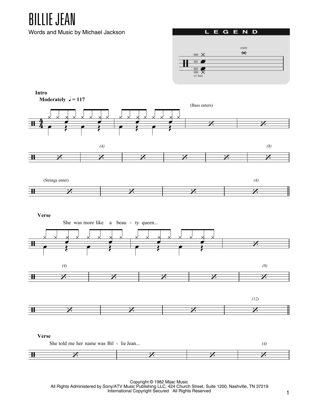 Download Michael Jackson Billie Jean (arr. Kennan Wylie) Sheet Music and learn how to play Drum Chart PDF digital score in minutes