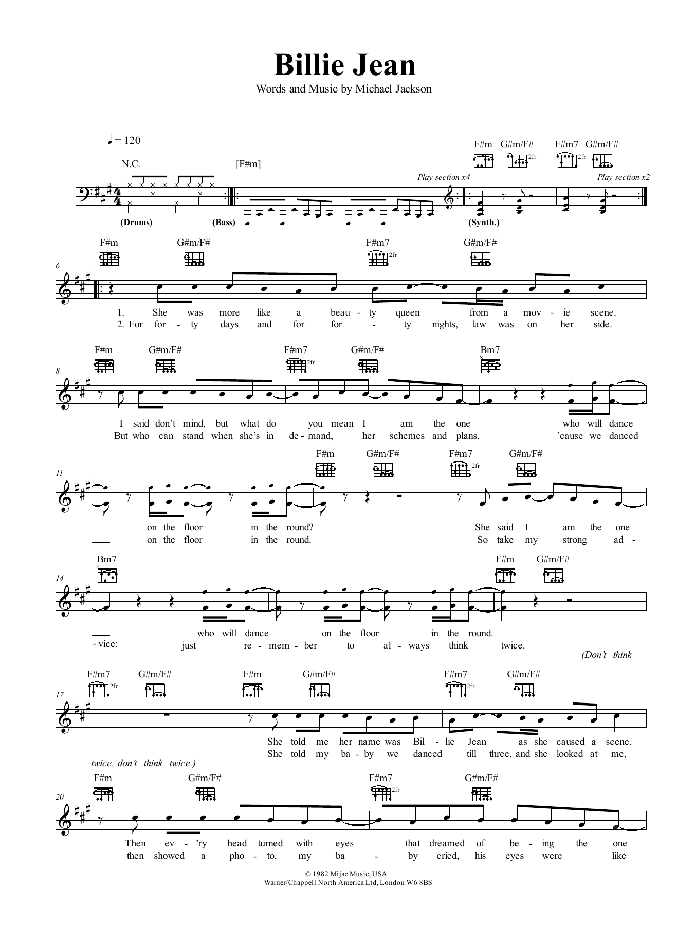 Download Michael Jackson Billie Jean Sheet Music and learn how to play Guitar Lead Sheet PDF digital score in minutes