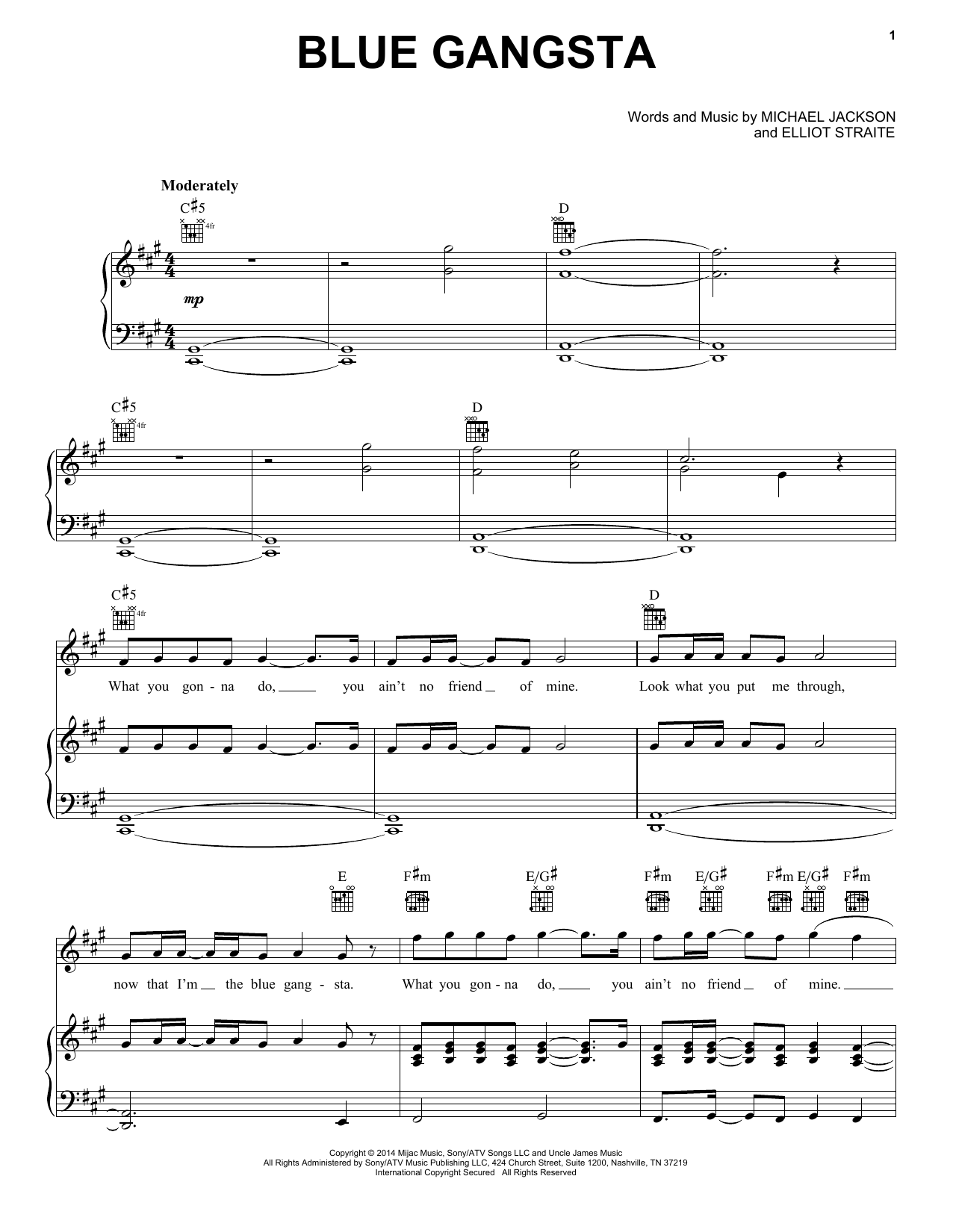 Download Michael Jackson Blue Gangsta Sheet Music and learn how to play Piano, Vocal & Guitar (Right-Hand Melody) PDF digital score in minutes