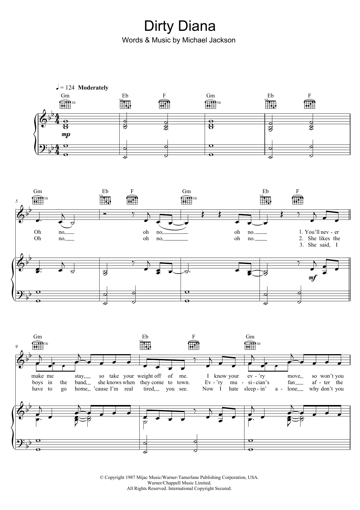 Download Michael Jackson Dirty Diana Sheet Music and learn how to play Piano, Vocal & Guitar PDF digital score in minutes