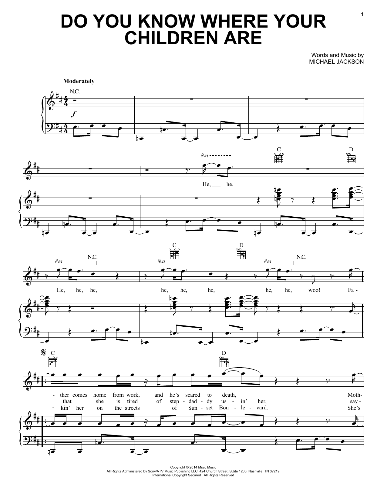 Download Michael Jackson Do You Know Where Your Children Are Sheet Music and learn how to play Piano, Vocal & Guitar (Right-Hand Melody) PDF digital score in minutes