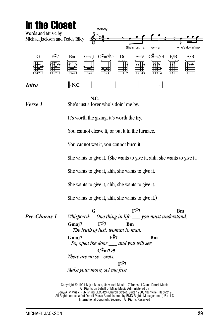 Download Michael Jackson In The Closet Sheet Music and learn how to play Lyrics & Chords PDF digital score in minutes