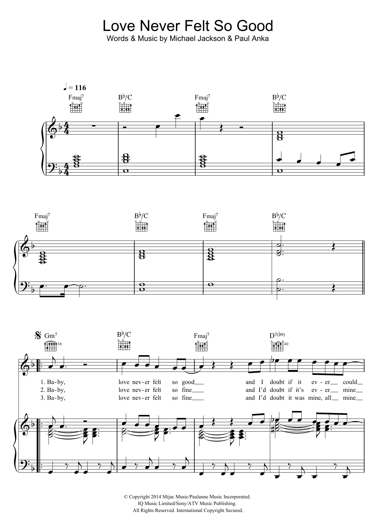 Download Michael Jackson Love Never Felt So Good Sheet Music and learn how to play Piano, Vocal & Guitar (Right-Hand Melody) PDF digital score in minutes