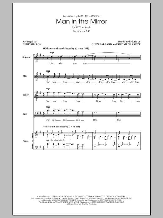 Download Michael Jackson Man In The Mirror (arr. Deke Sharon) Sheet Music and learn how to play SATB PDF digital score in minutes