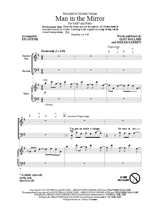 Download Michael Jackson Man In The Mirror (arr. Ed Lojeski) Sheet Music and learn how to play SATB PDF digital score in minutes