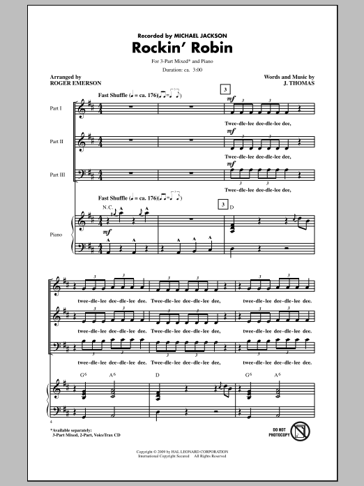 Download Roger Emerson Rockin' Robin Sheet Music and learn how to play 3-Part Mixed Choir PDF digital score in minutes