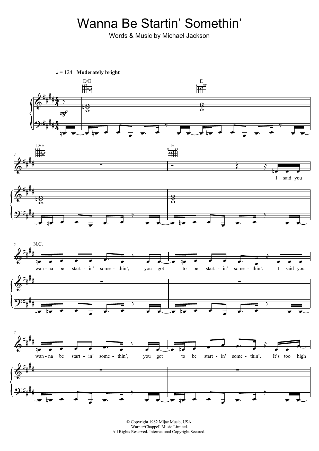 Download Michael Jackson Wanna Be Startin' Somethin' Sheet Music and learn how to play Piano, Vocal & Guitar PDF digital score in minutes